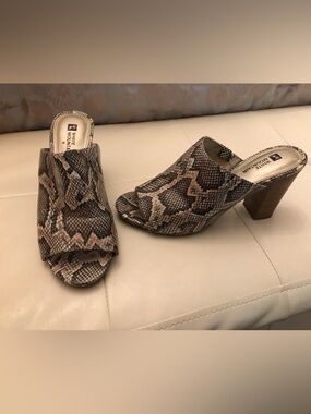 White Mountain Snake-Print Peep-Toe Mules in Taupe and Black
